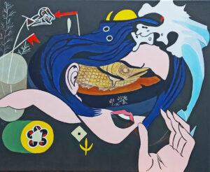 17 GIRL and FISH 60 X 50 toile lin Technique Mixte